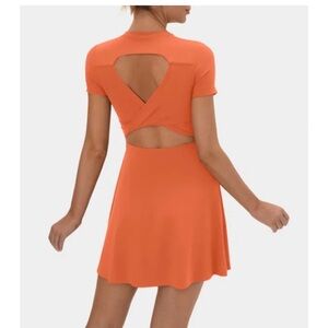 NEW / NWT Halara Backless Twist Back Barre Ballet Dance Flare Dress Orange | S